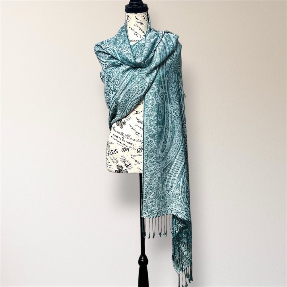 Pashmina Silk Teal Paisley Blend Pashmina Shawl Wrap Fringe Boho Travel